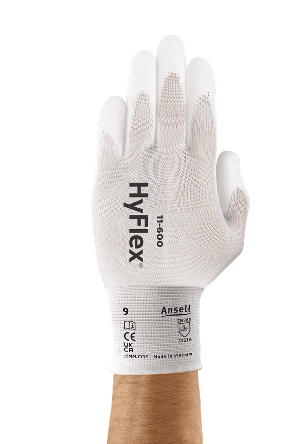 HyFlex® 11-600 Light and sensitive white-colored industrial gloves, offering personal protection for delicate handling