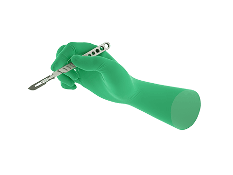 Gloved hand holding scalpel to show glove provides enhanced grip when holding surgical tools