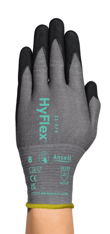 HyFlex 11-571 Next-gen 21-gauge ANSI A4/ISO D-rated glove - made up to 30% thinner* for second-skin feel and precision.