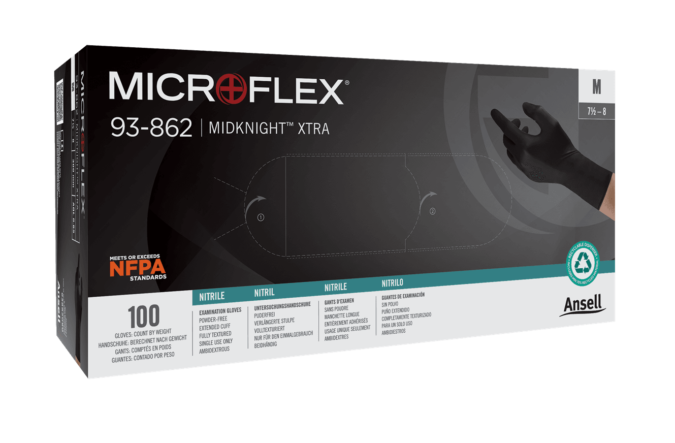 MICROFLEX® MidKnight™ XTRA 93-862 Black nitrile exam gloves, delivering reliable extended protection with secure grip