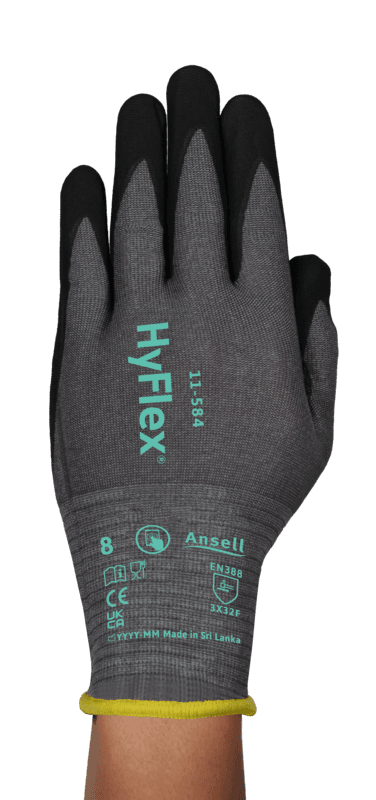 HyFlex 11-584 Next-gen 21-gauge ANSI A6/ISO F-rated glove - made up to 30% thinner* for second-skin feel and precision.