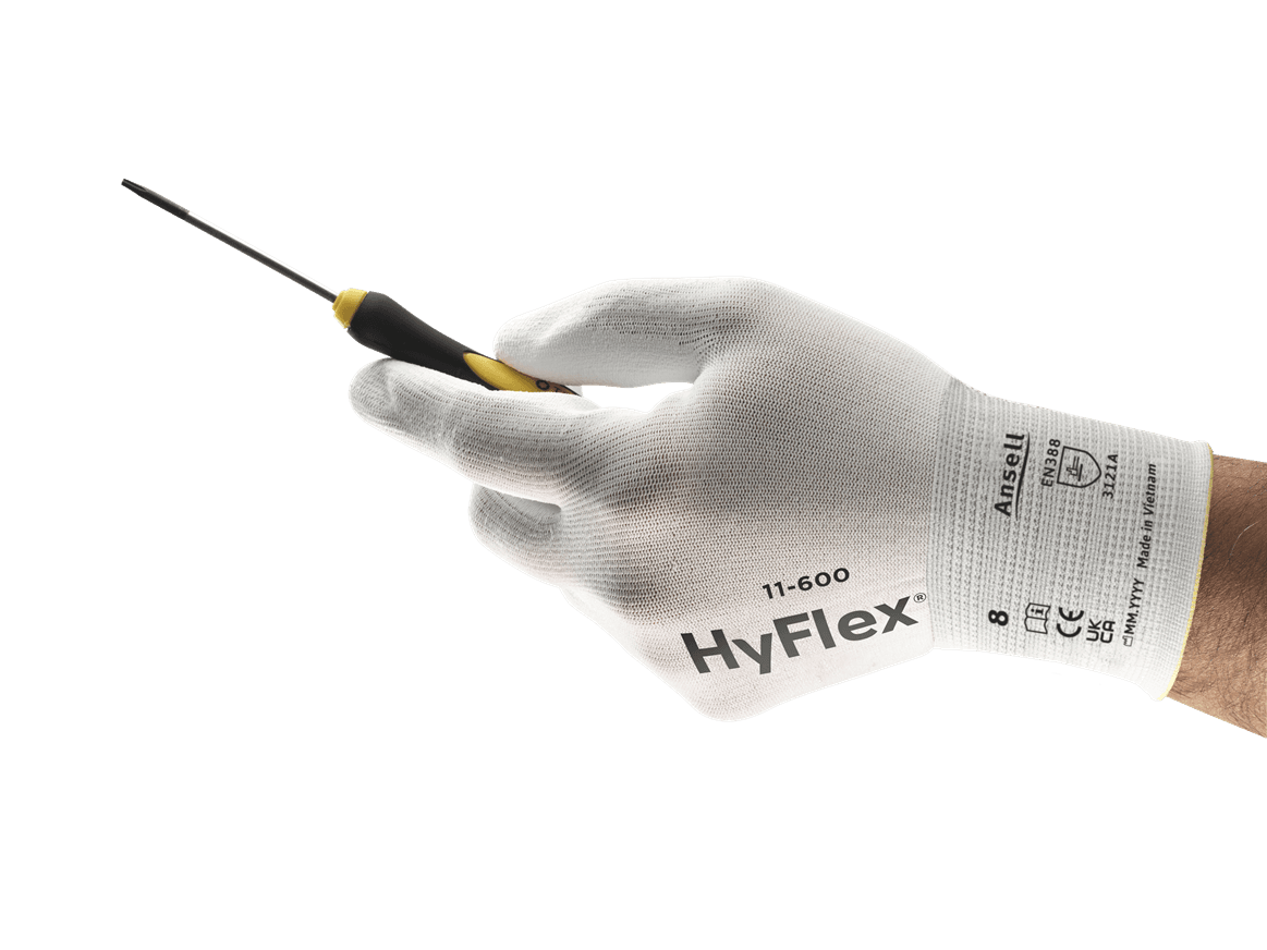 Hand wearing HyFlex 11-600 glove, holding a screwdriver