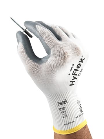 Hand wearing HyFlex 11-800 gloves, holding a mechanical component