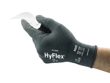 Hand wearing HyFlex 11-541 glove, holding a sharp blade