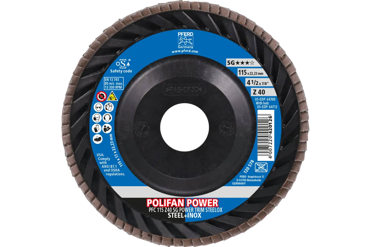 POLIFAN flap taşlama diski PFC 115x22.23 mm konik Z40 Performans Serisi SG TRIM STEELOX çelik/paslanmaz çelik için 2