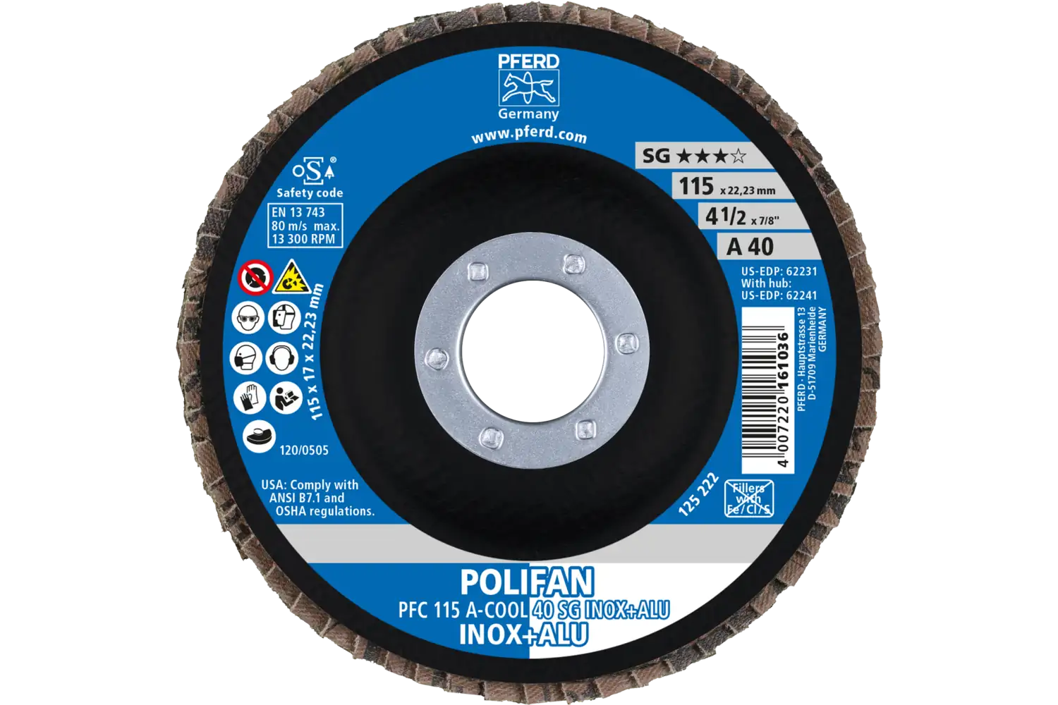 POLIFAN flap taşlama diski PFC 115x22,23 mm konik A-COOL 40 SG INOX+ALU paslanmaz çelik/alüminyum 2