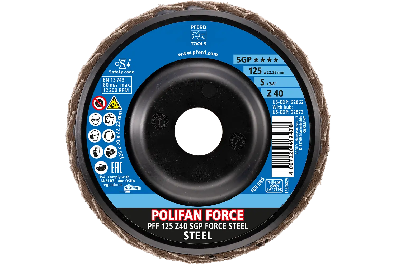 POLIFAN FORCE flap disk PFF 125x22.23 mm düz Z40 Profesyonel Seri SGP STEEL çelik için 2