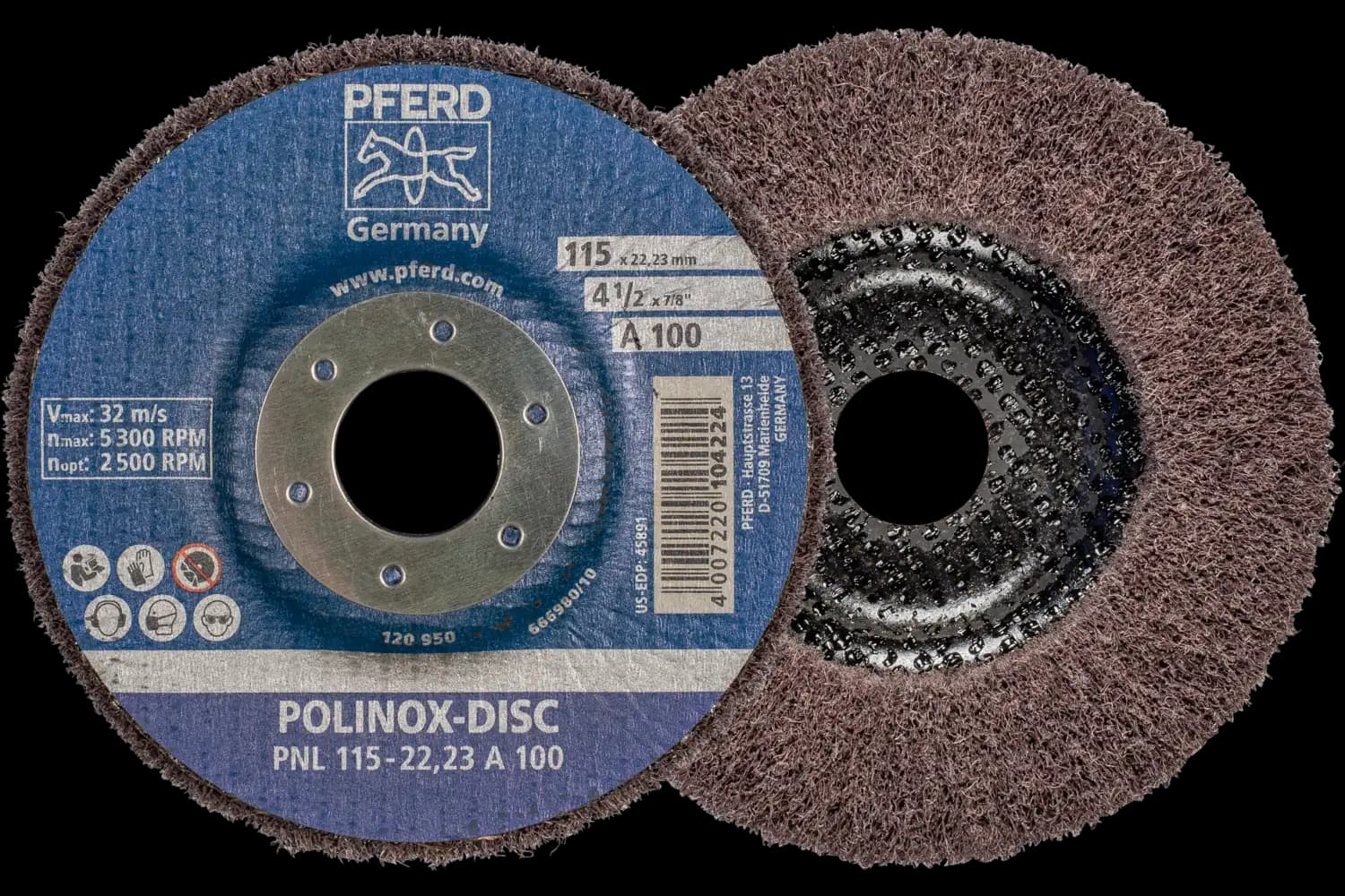 POLINOX elyaf fiber altlıklı disk PNL çap 115 mm merkez delik çapı 22,23 mm A100 hassas taşlama ve finisaj için 1