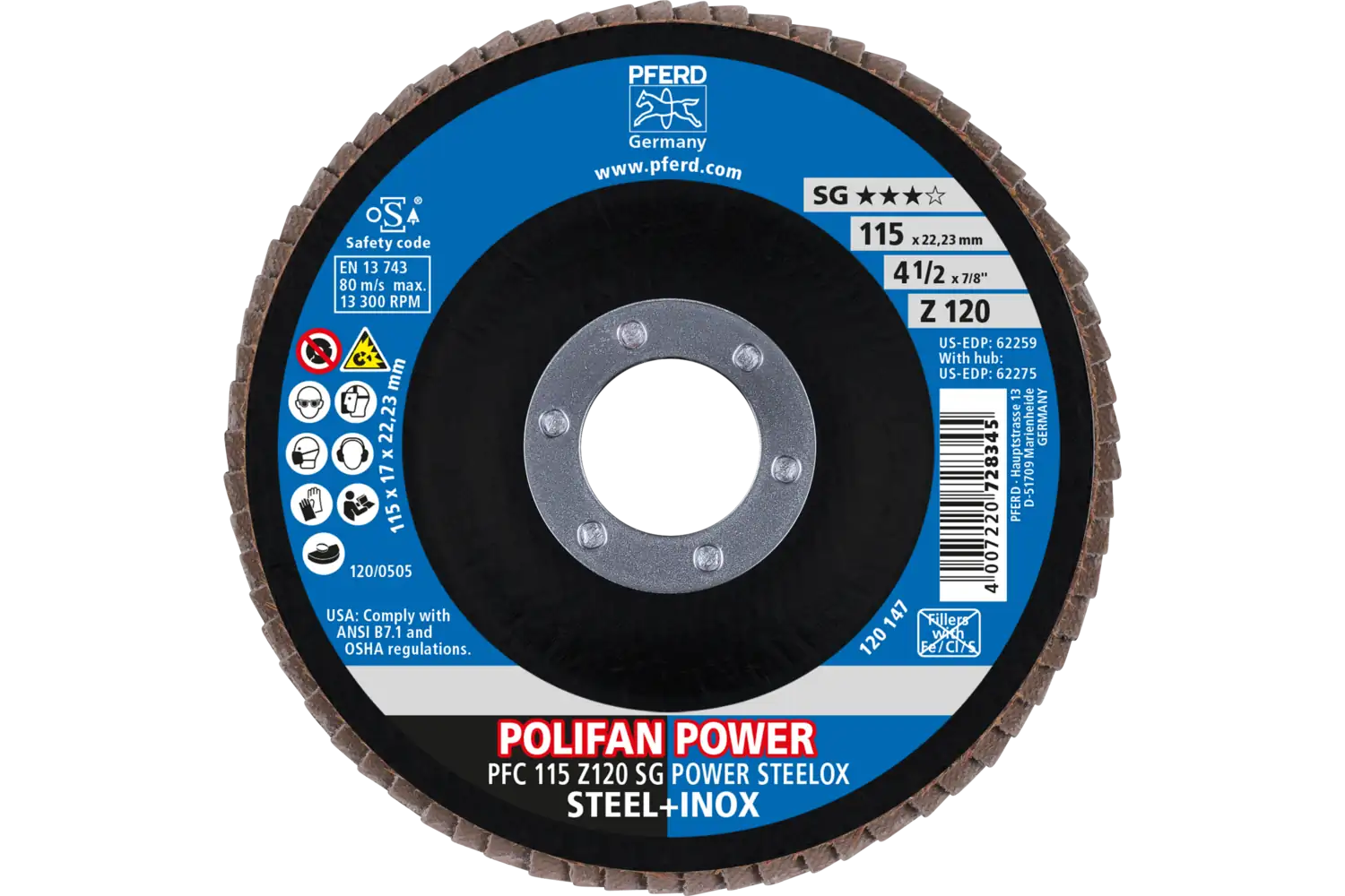 POLIFAN POWER flap taşlama diski PFC 115x22,23 mm konik Z120 SG STEELOX çelik/paslanmaz çelik 2