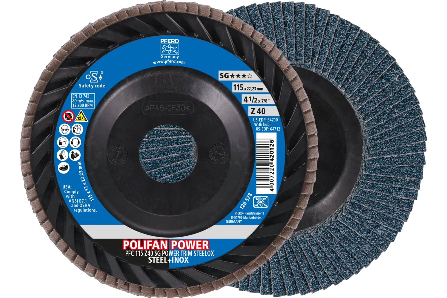 POLIFAN flap taşlama diski PFC 115x22.23 mm konik Z40 Performans Serisi SG TRIM STEELOX çelik/paslanmaz çelik için 1