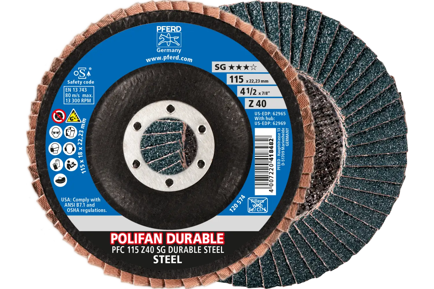 POLIFAN POWER flap taşlama diski PFC 115x22.23 mm konik Z40 Performans Serisi SG DURABLE STEEL çelik için 1