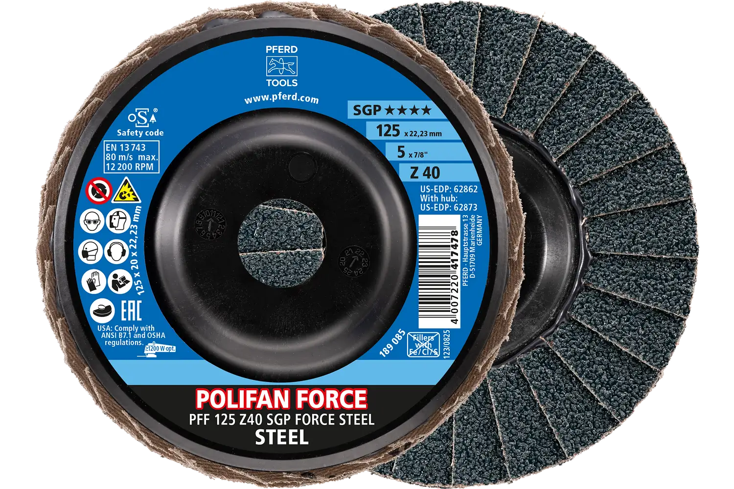 POLIFAN FORCE flap disk PFF 125x22.23 mm düz Z40 Profesyonel Seri SGP STEEL çelik için 1