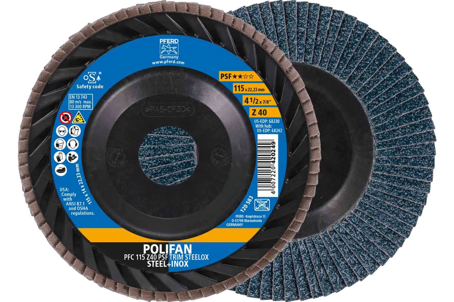 POLIFAN flap taşlama diski PFC 115x22.23 mm konik Z40 Üniversal Seri PSF TRIM STEELOX çelik/paslanmaz çelik için 1