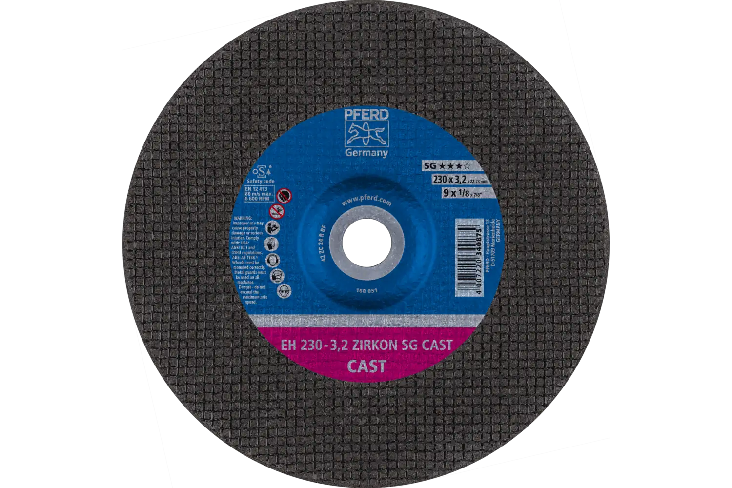 Kesme taşı EH 230x3,2x22,23 mm göbekli ZIRKON Performans Serisi SG CAST, döküm malzeme için 1