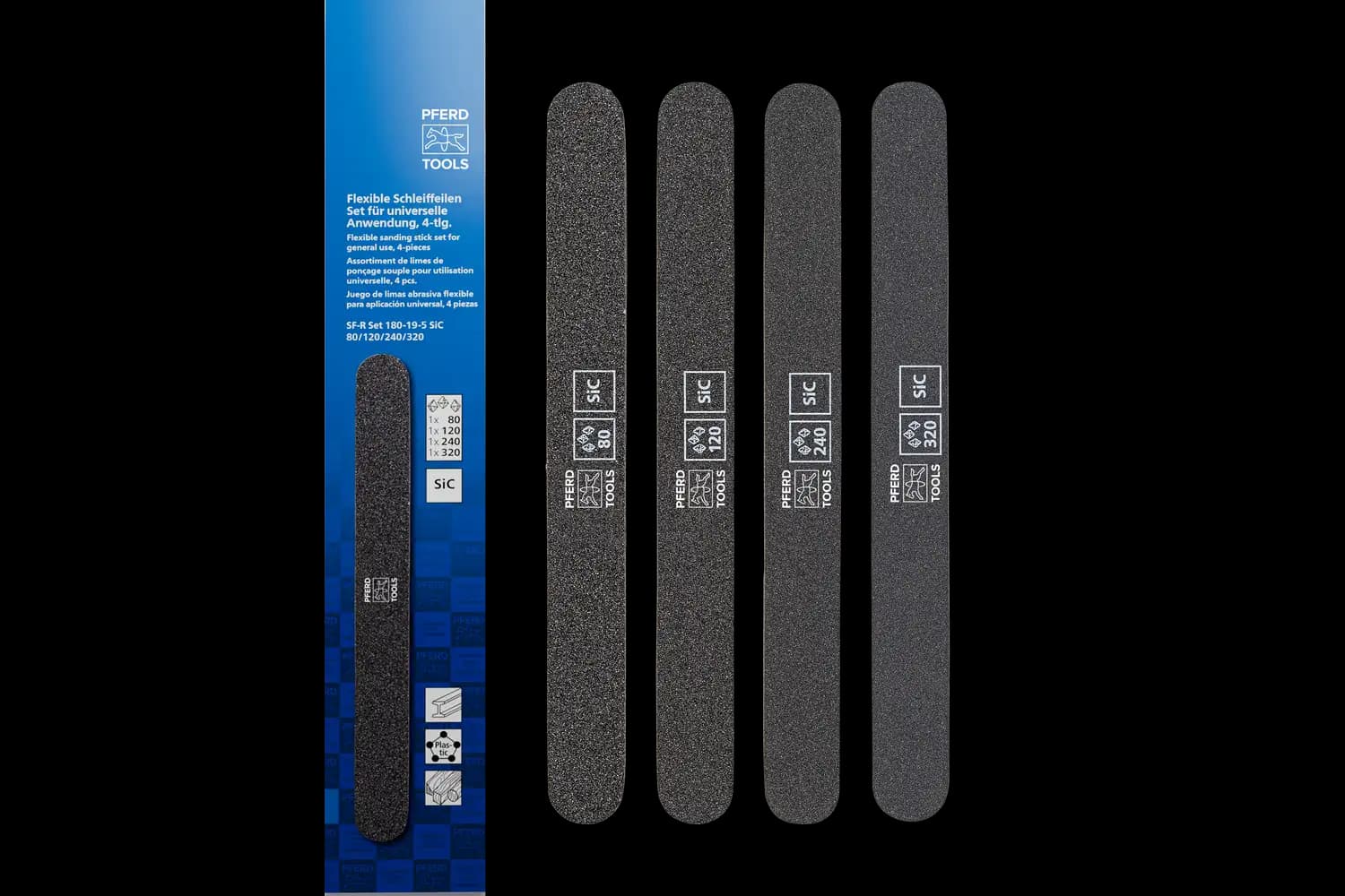 Çubuk zımpara, 4 parçalı set. SF-R 180x19x5 mm SIC 80, 120, 240, 320 hassas taşlama ve finisaj için 2