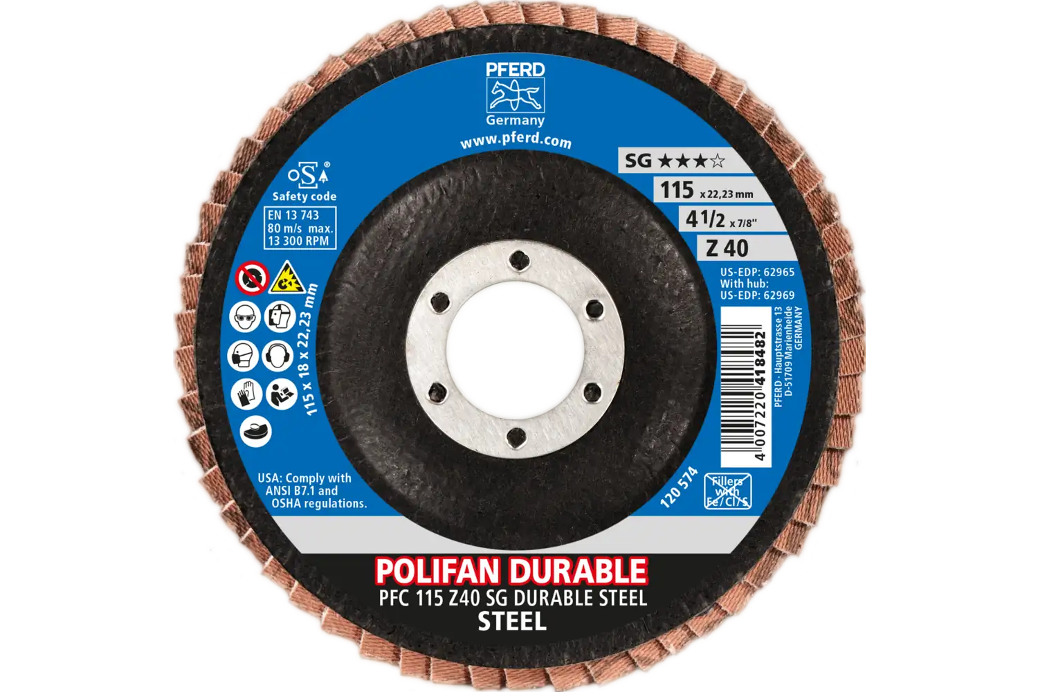 POLIFAN POWER flap taşlama diski PFC 115x22.23 mm konik Z40 Performans Serisi SG DURABLE STEEL çelik için 2