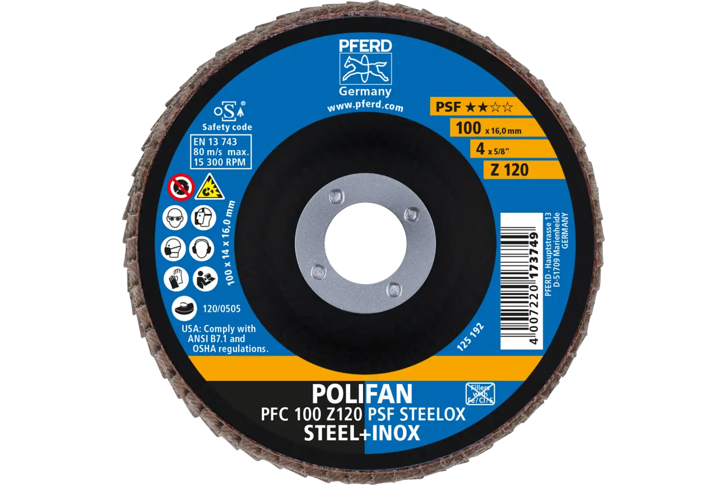 POLIFAN flap taşlama diski PFC 100x16 mm konik Z120 Üniversal Seri PSF STEELOX çelik/paslanmaz çelik 2