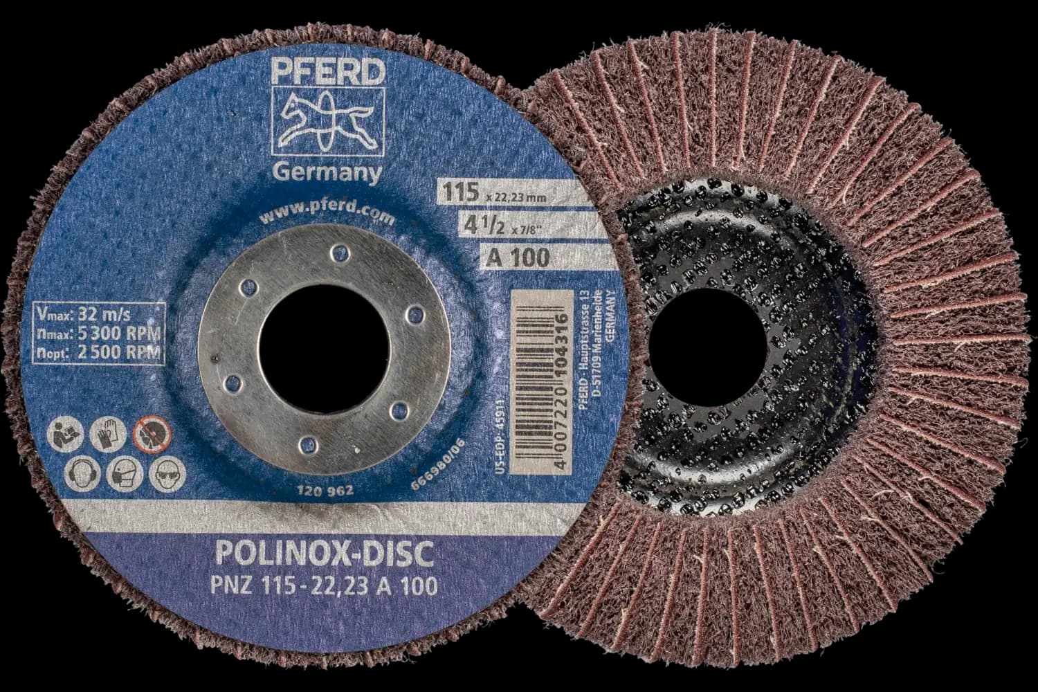 POLINOX elyaf fiber altlıklı disk PNZ çap 115 mm merkez delik çapı 22,23 mm A100 hassas taşlama ve finisaj için 1