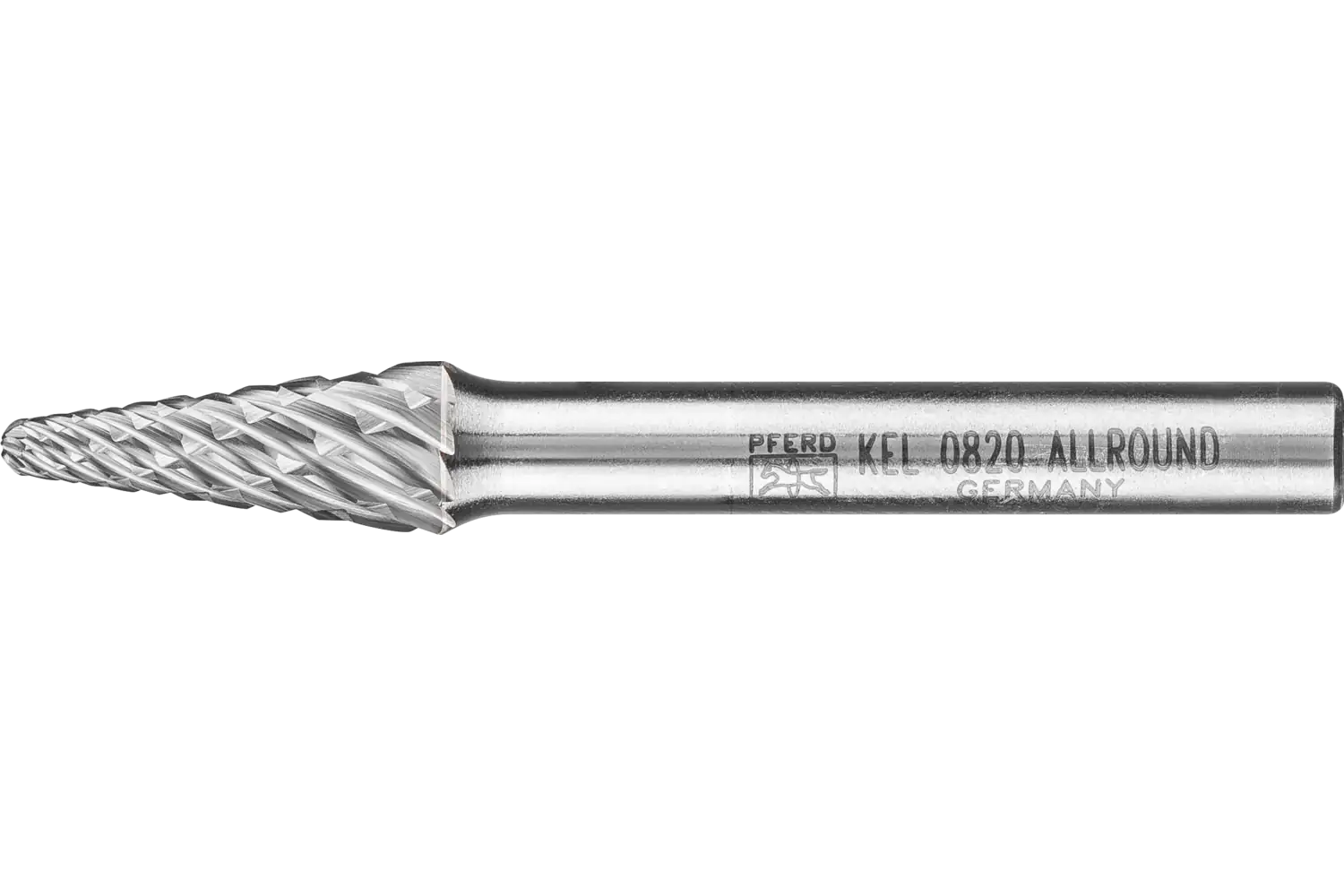 Yüksek performanslı karbür çapak alma frezesi ALLROUND, konik tip, radyüs uçlu, KEL çap 08x20 mm sap çapı 6 mm, üniversal kaba 1
