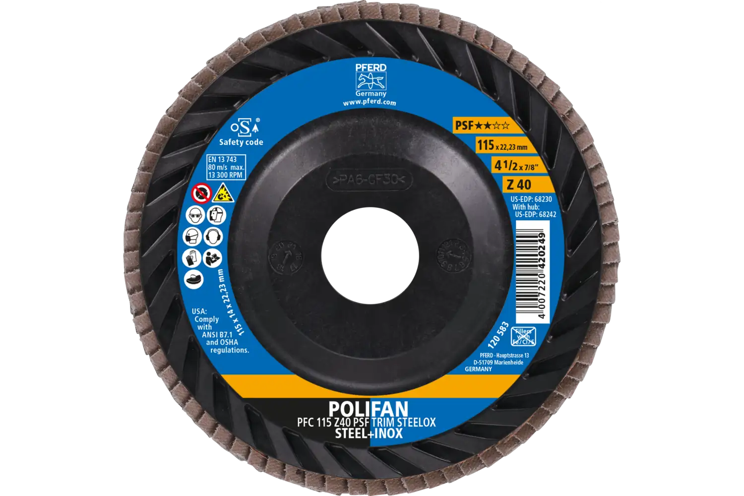 POLIFAN flap taşlama diski PFC 115x22.23 mm konik Z40 Üniversal Seri PSF TRIM STEELOX çelik/paslanmaz çelik için 2
