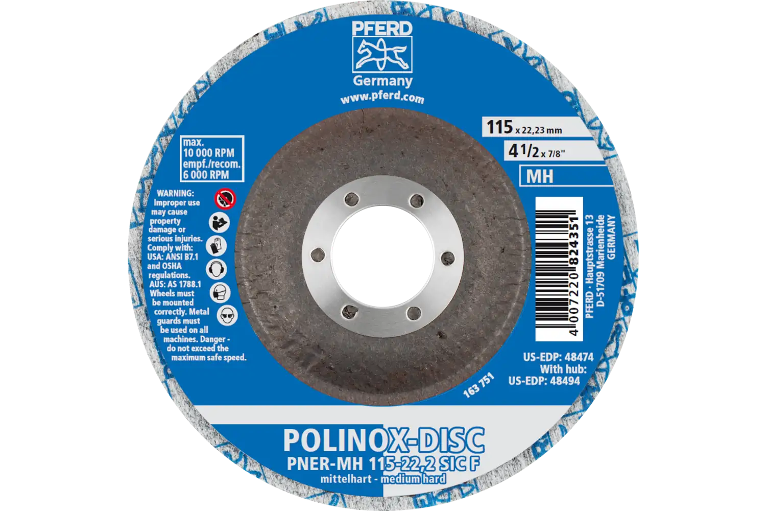POLINOX presli elyaf disk PNER çap 115 mm merkez delik çapı 22,23 mm orta-sert SIC hassas finisaj için 3