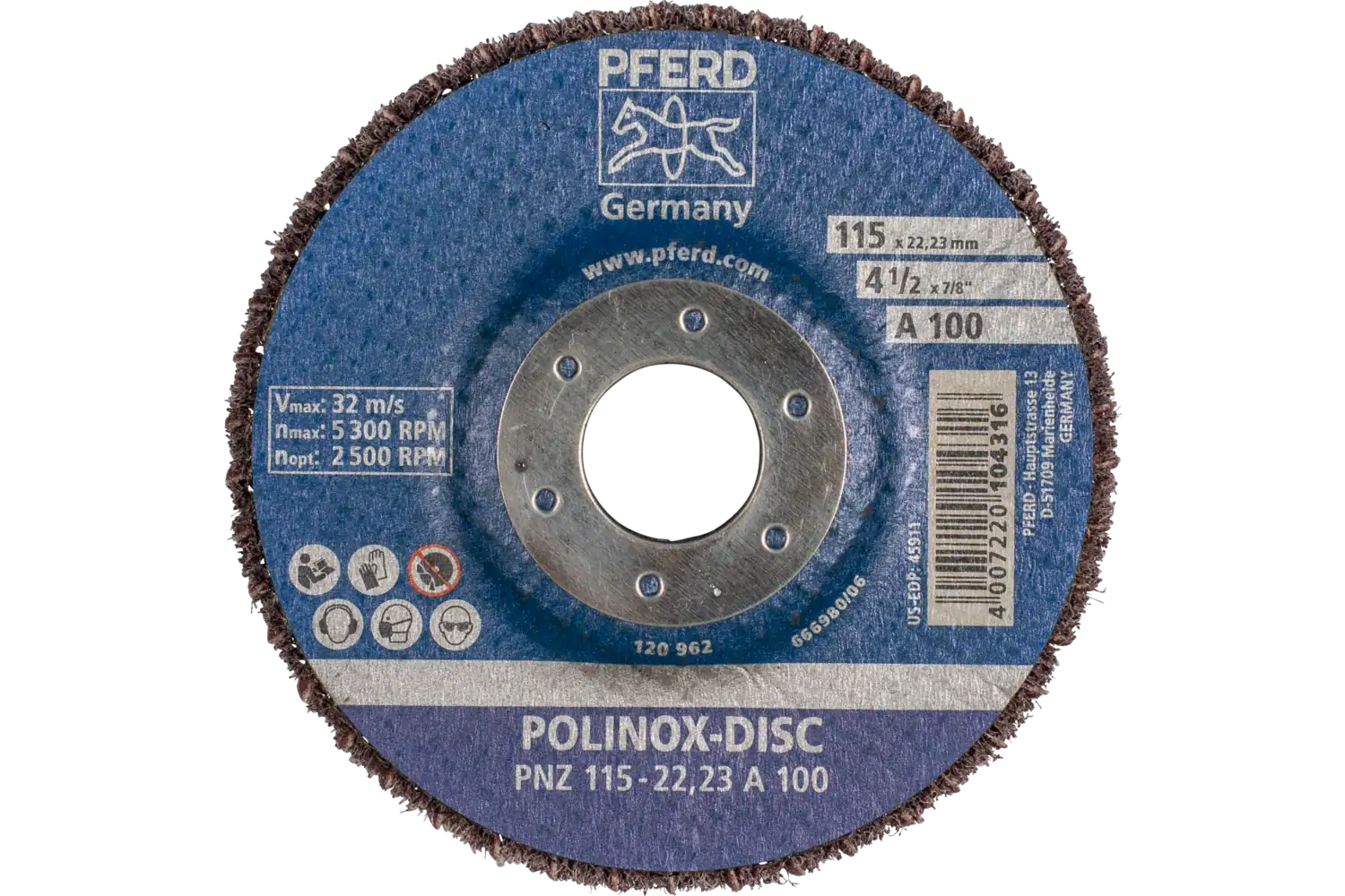 POLINOX elyaf fiber altlıklı disk PNZ çap 115 mm merkez delik çapı 22,23 mm A100 hassas taşlama ve finisaj için 3